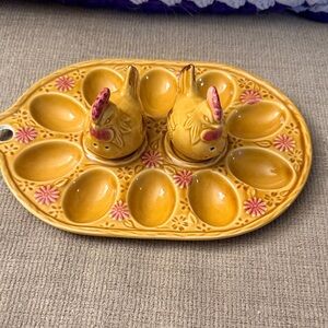 Vintage Yellow Ceramic Deviled Egg Tray with Chicken Shakers